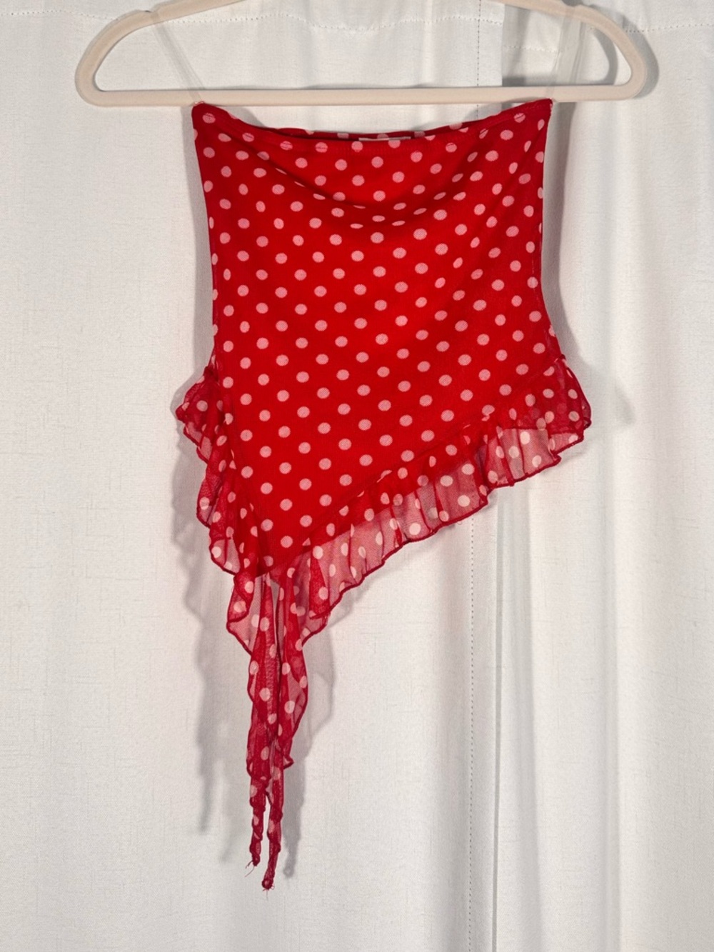 See You Monday Red Polka Dot Asymmetrical Ruffle Top